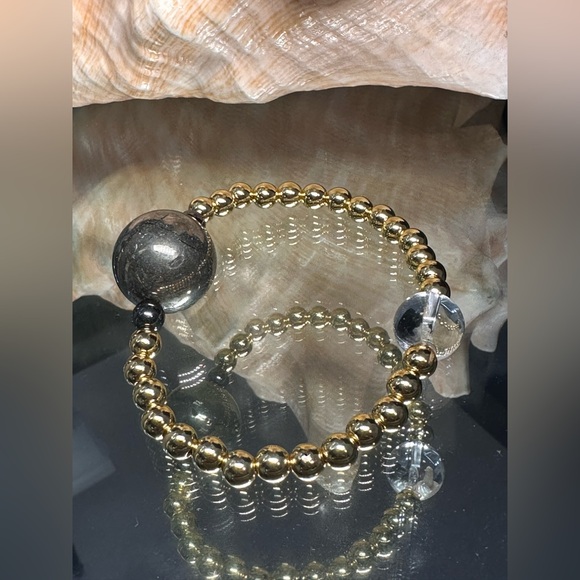CLEAR  QUARTZ + GOLD-FILLED + PYRITE NATURAL STONES BRACELET size 7” - Picture 6 of 16